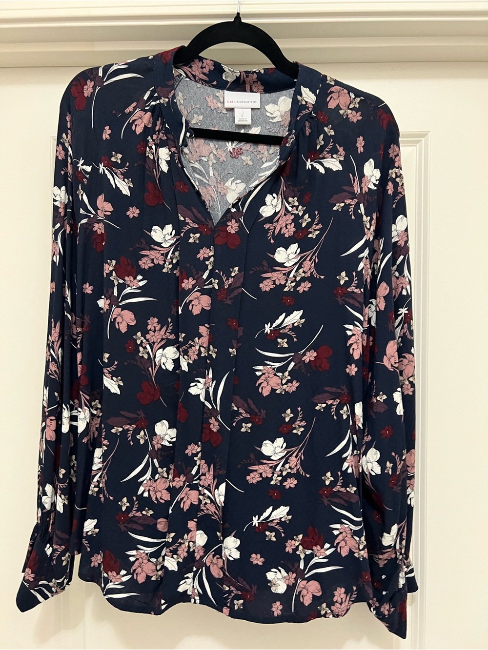 Liz Claiborne Navy Floral Button-Front Blouse
